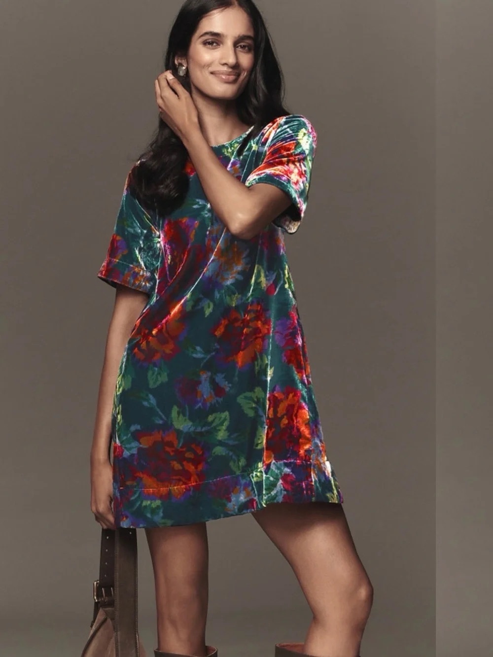 Anthropologie Maeve Teal Velvet Floral Mini Dress Floral Whimsigoth Large Petite